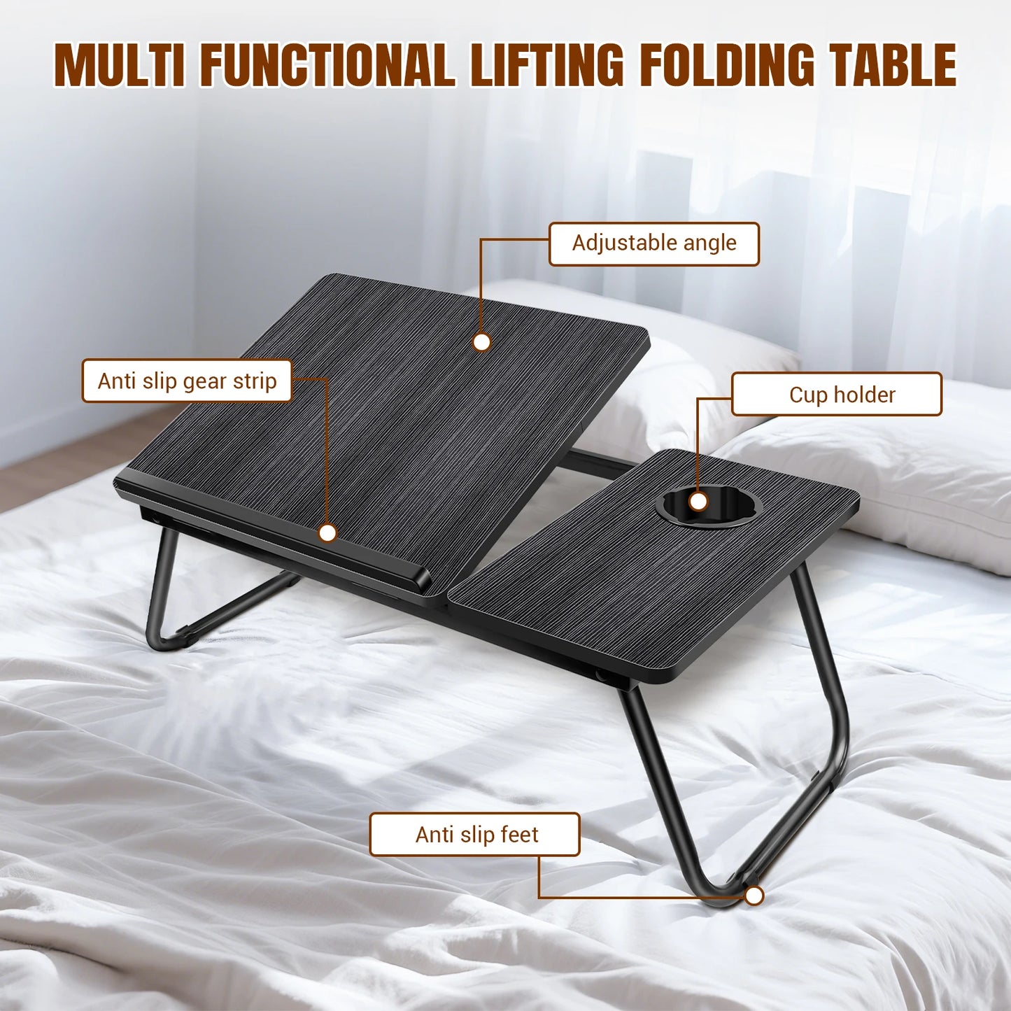Foldable Laptop Bed Table Desk Notebook Stand With Cup Slot Reading Holder With Adjustable Height Angle Laptop Bed Tray, Black