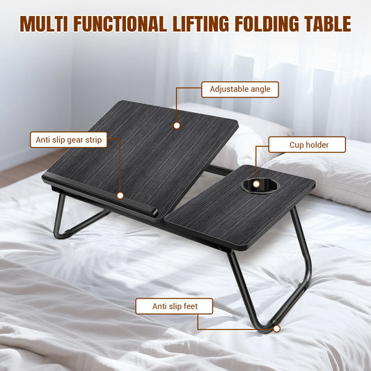 Foldable Laptop Bed Table Desk Notebook Stand With Cup Slot Reading Holder With Adjustable Height Angle Laptop Bed Tray, Black