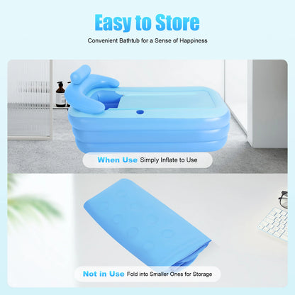 Portable Inflatable Bathtub Foldable Soaking Tub with Ergonomic Backrest Zipper Lid Thickened PVC for Home Apartment Backyard