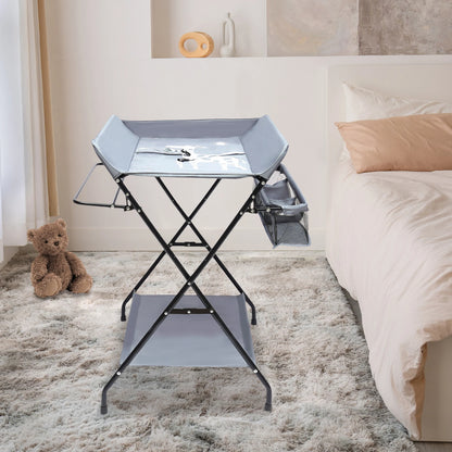 Foldable Baby Nappy Changing Table Stand With Bottom Storage Board, Elevated Fence Guard and Storage Basket High Safety
