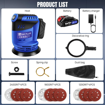 3000W Cordless Random Orbit Sander With 12 Piece Sandpapers, 3 Variable Speed 125mm Hand Electric Tool With Battery
