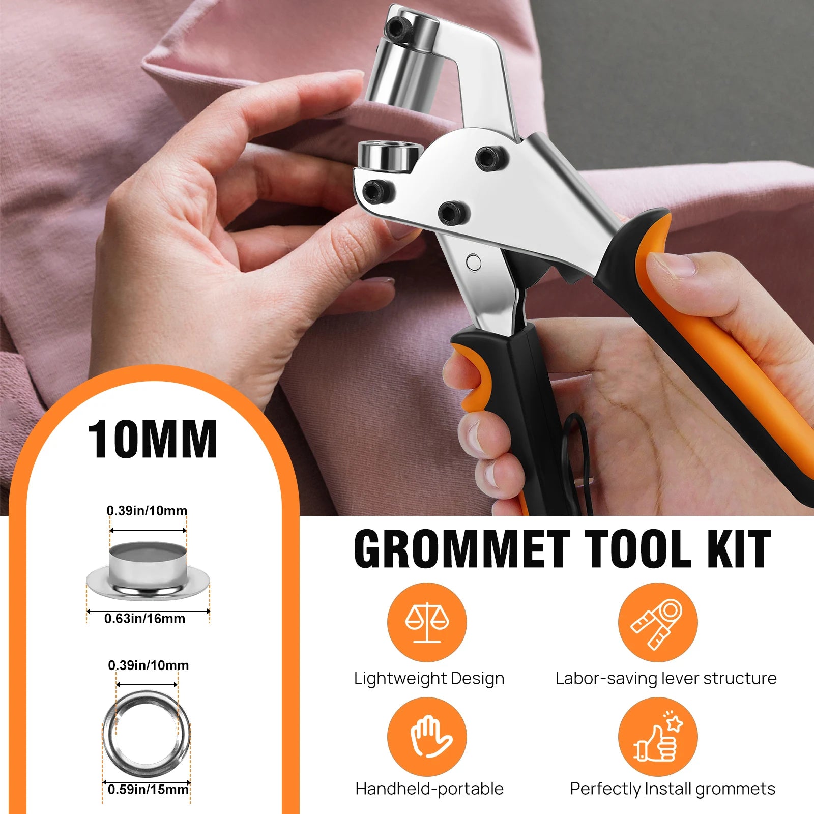 Grommet Tool Kit 3/8 Inch Eyelet Press Pliers 10mm Manual Handheld With 500 Piece Silver Grommets For Tarpaulin & Clothing