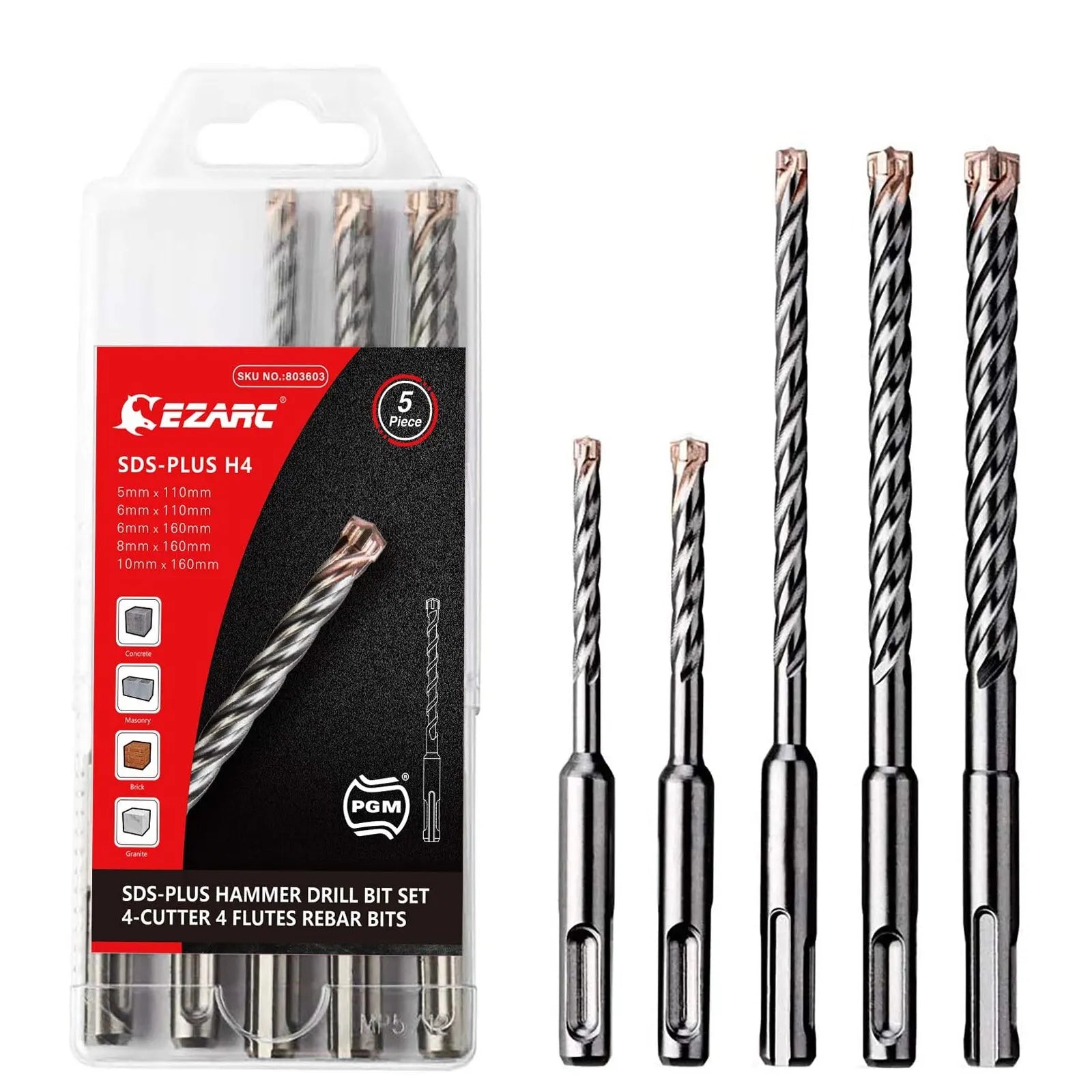 EZARC 5 Piece 2/4-Cutter Carbide Tips SDS-Plus Rotary Hammer Drill Bit Set For Reinforced Concrete, Masonry, Marble, Brick And Tile