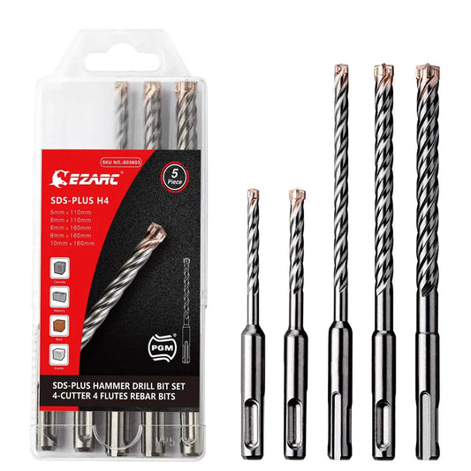 EZARC 5 Piece 2/4-Cutter Carbide Tips SDS-Plus Rotary Hammer Drill Bit Set For Reinforced Concrete, Masonry, Marble, Brick And Tile