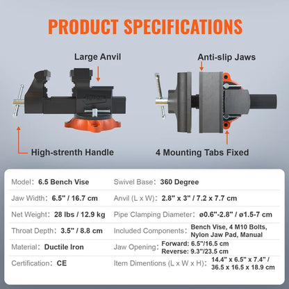 Bench Vice Multipurpose With Swivel Base And Anvil Heavy Duty Cast Iron For Drilling, Conduit Cutting, Sanding Strong Heavy Duty Workbench Tool