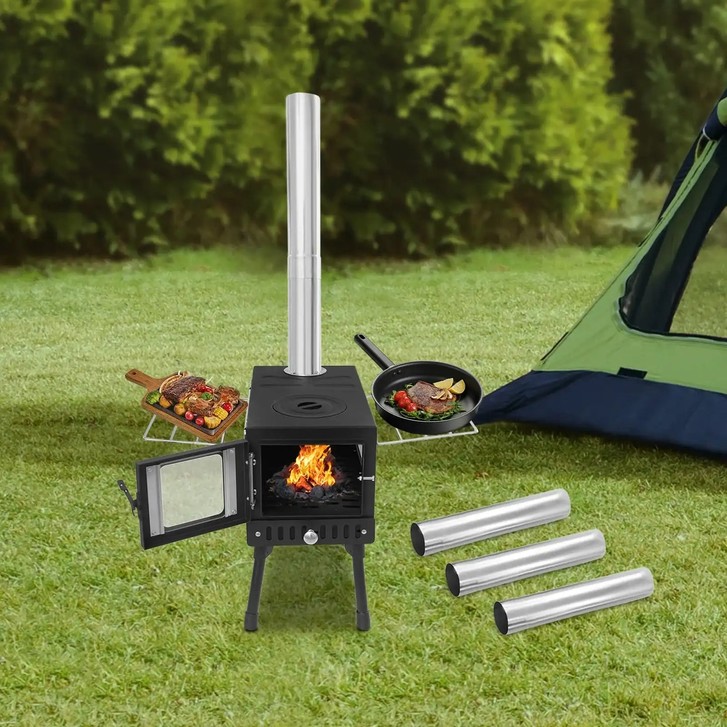 Foldable Camping Tent Stove With Chimney Carbon Steel Wood-Burning Heater  For Cooking & Heating Outdoor Camping Tools