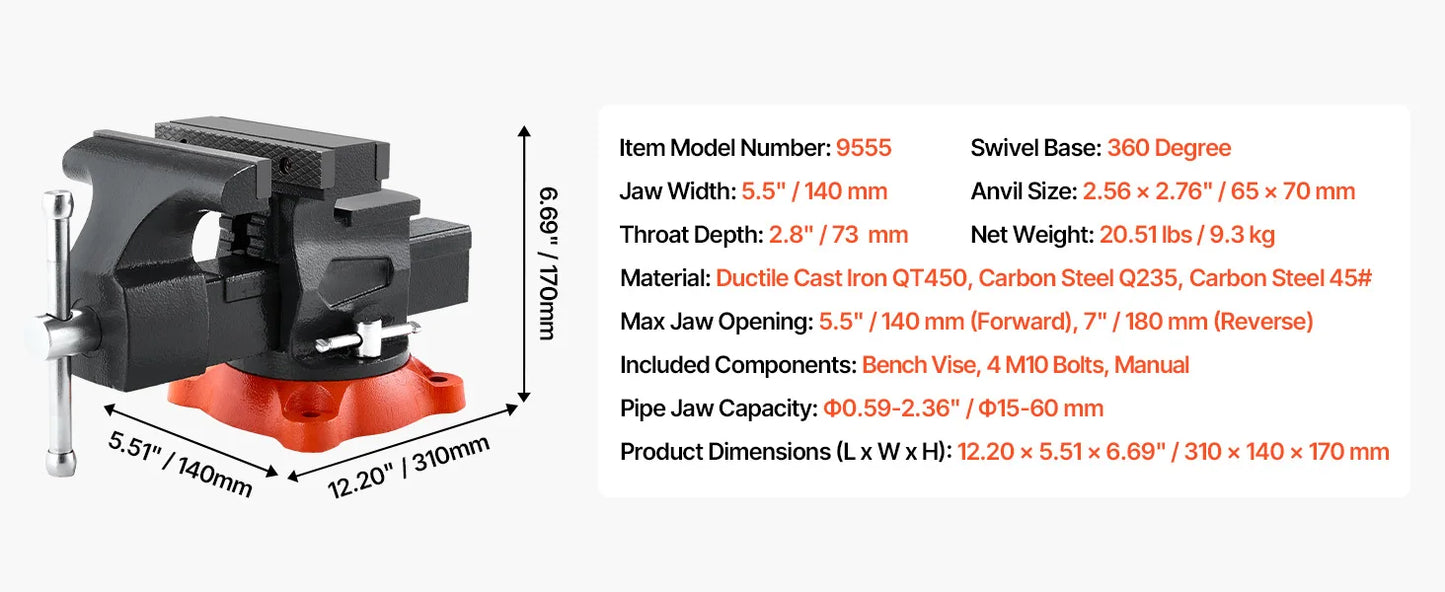 Succebuy Bench Vise 5"/5.5"/8" Jaw Width Multipurpose Vise with 360° Swivel Locking Base Vise with Anvil for Clamping round Pipe