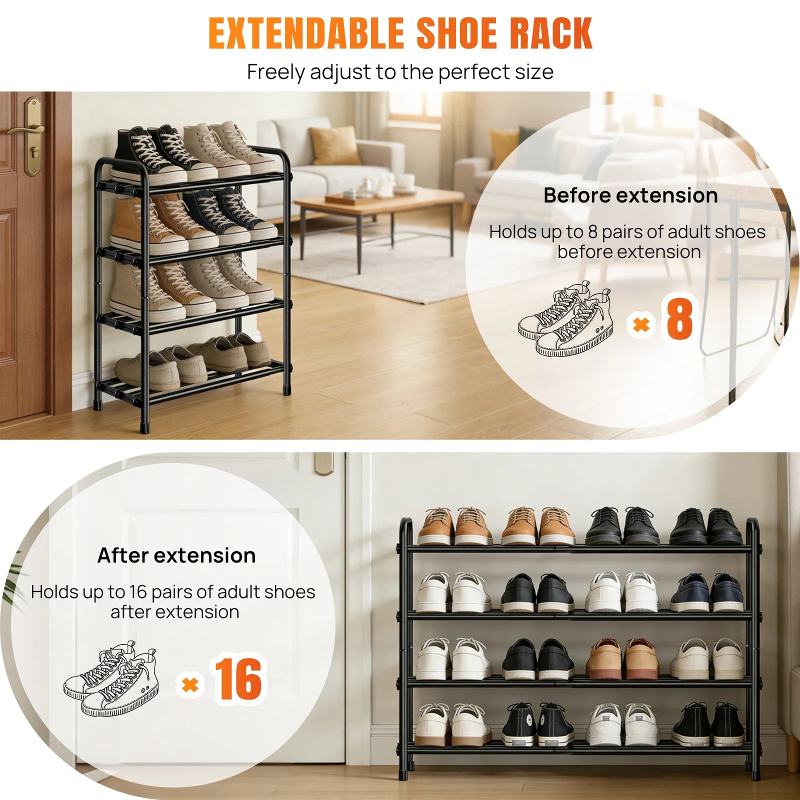 Adjustable Expandable Shoe Rack Organiser Shelf For Closet, Black Metal Free Standing Shoe Rack Store 2/3/4 Tier