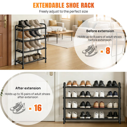 Adjustable Expandable Shoe Rack Organiser Shelf For Closet, Black Metal Free Standing Shoe Rack Store 2/3/4 Tier