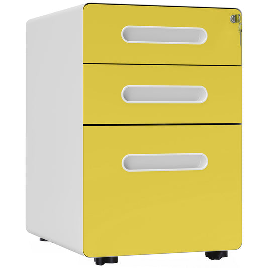 Vinsetto 3 Drawer Filing Cabinet, Steel Lockable File Cabinet with Lock and Wheels, for A4, Letter, Legal Sized Files