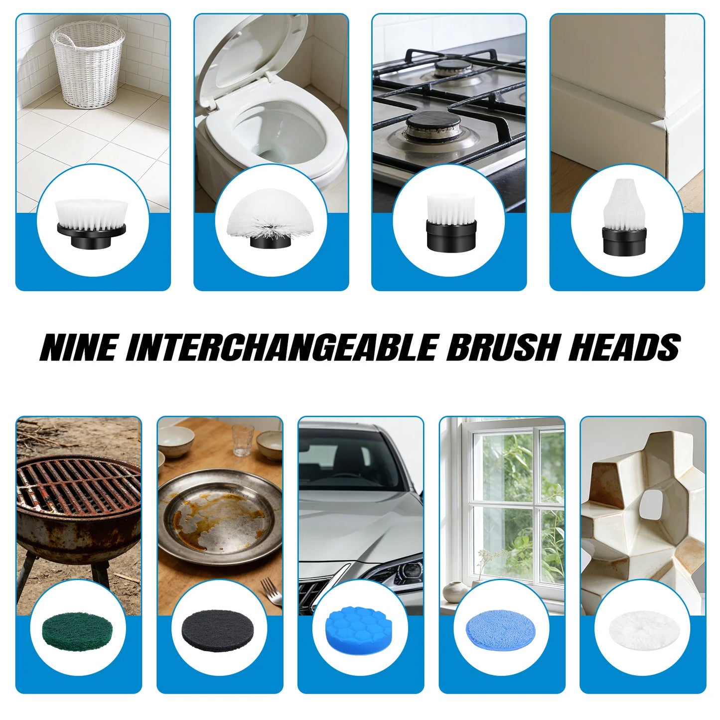 Electric Spin Scrubber, Bathroom Cordless Cleaning Brush, Long Handled & 2 Speed With 9 Replaceable Brush Heads