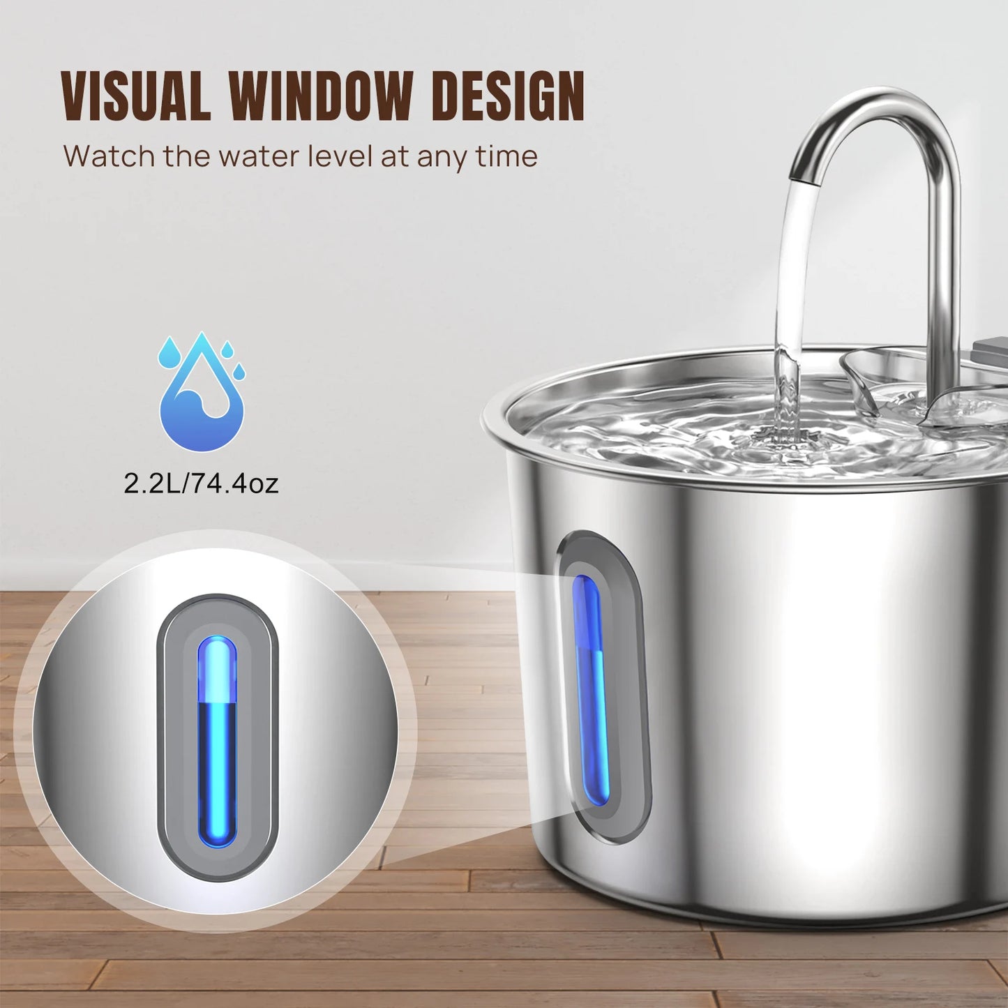 Stainless Steel Cat Water Drinking Fountain 2.2L, Quiet Dog And Cat Drink Station With Water Level Window