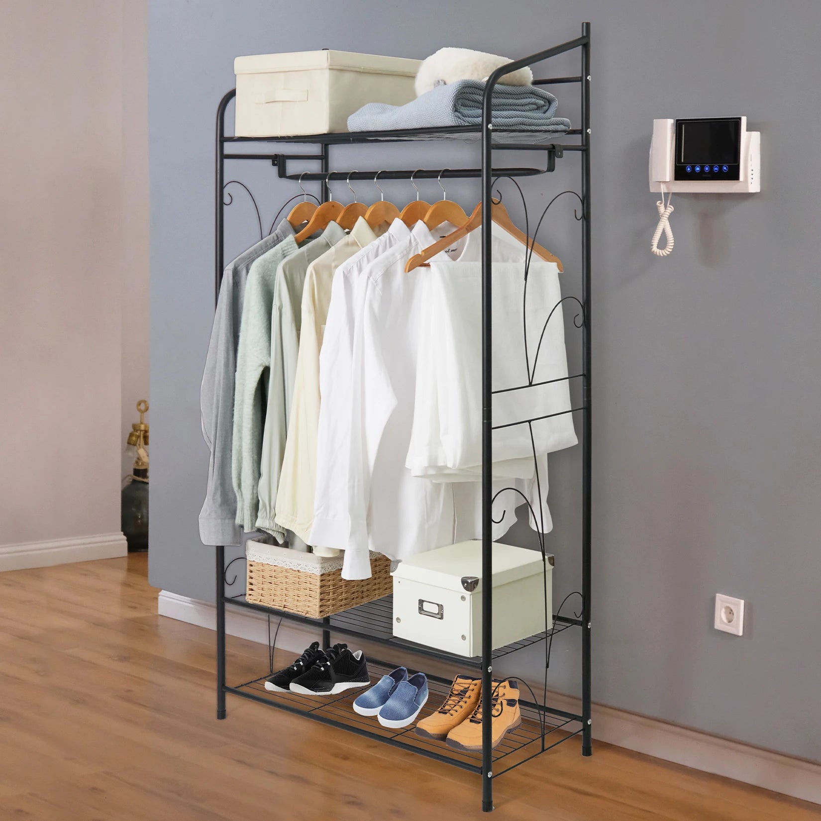 Heavy Duty Metal Garment Shoe Rack Stand Freestanding Clothes Hanging Rail with Shelves