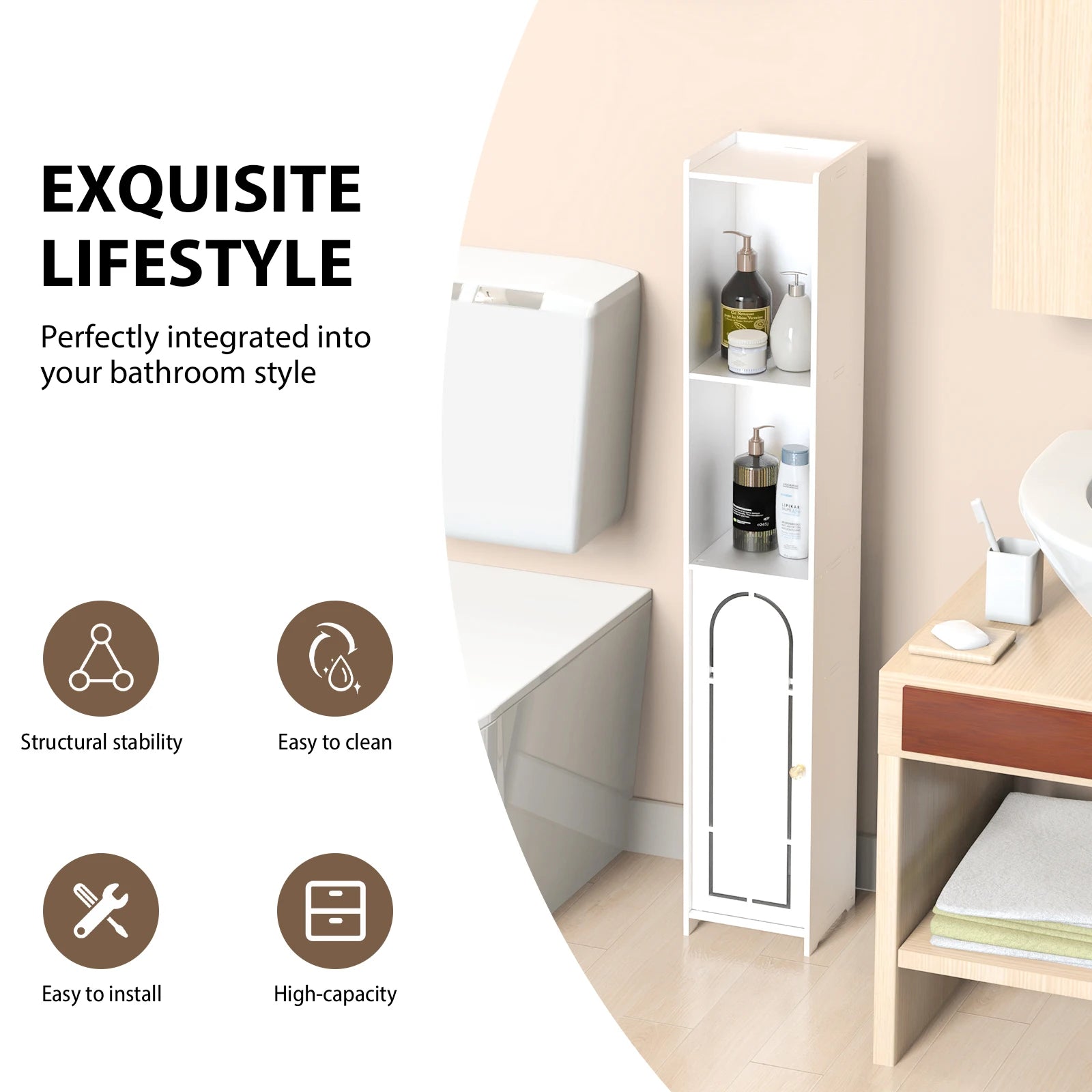 Dayplus Bathroom Floor Cabinet 4 Tier, White Storage Cabinet with Doors, Free Standing Shelf Unit Tall Cabinet for Room,Office