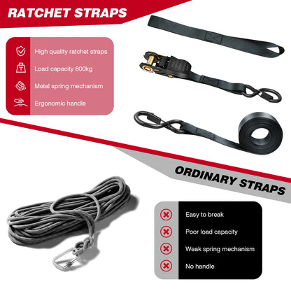 Dayplus Ratchet Tie down Straps, 800Kg Break Strength, Rubber Coated Metal Handles, Plastic Coated Metal Hooks, Carrying Bag