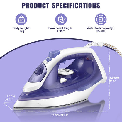 Dayplus Electric Iron Portable Steam Iron, 2400W Powerful Steam Function, Non-Stick Stainless Steel Soleplate,350Ml Water Tank