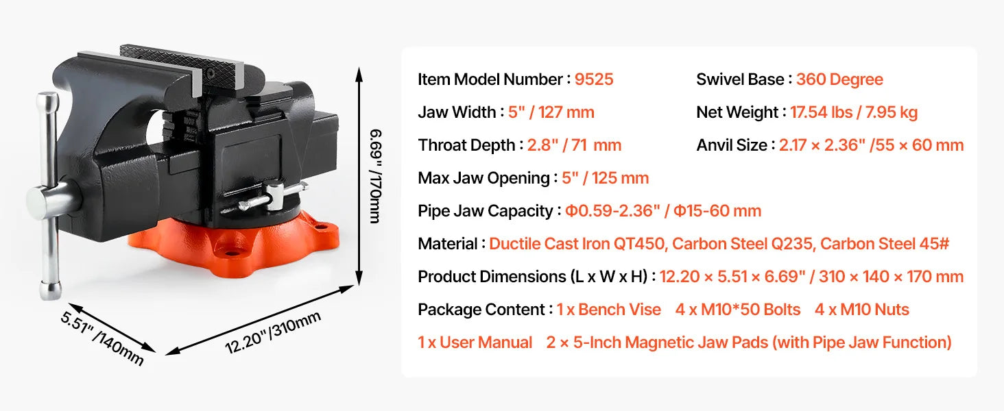 Succebuy Bench Vise 5"/5.5"/8" Jaw Width Multipurpose Vise with 360° Swivel Locking Base Vise with Anvil for Clamping round Pipe