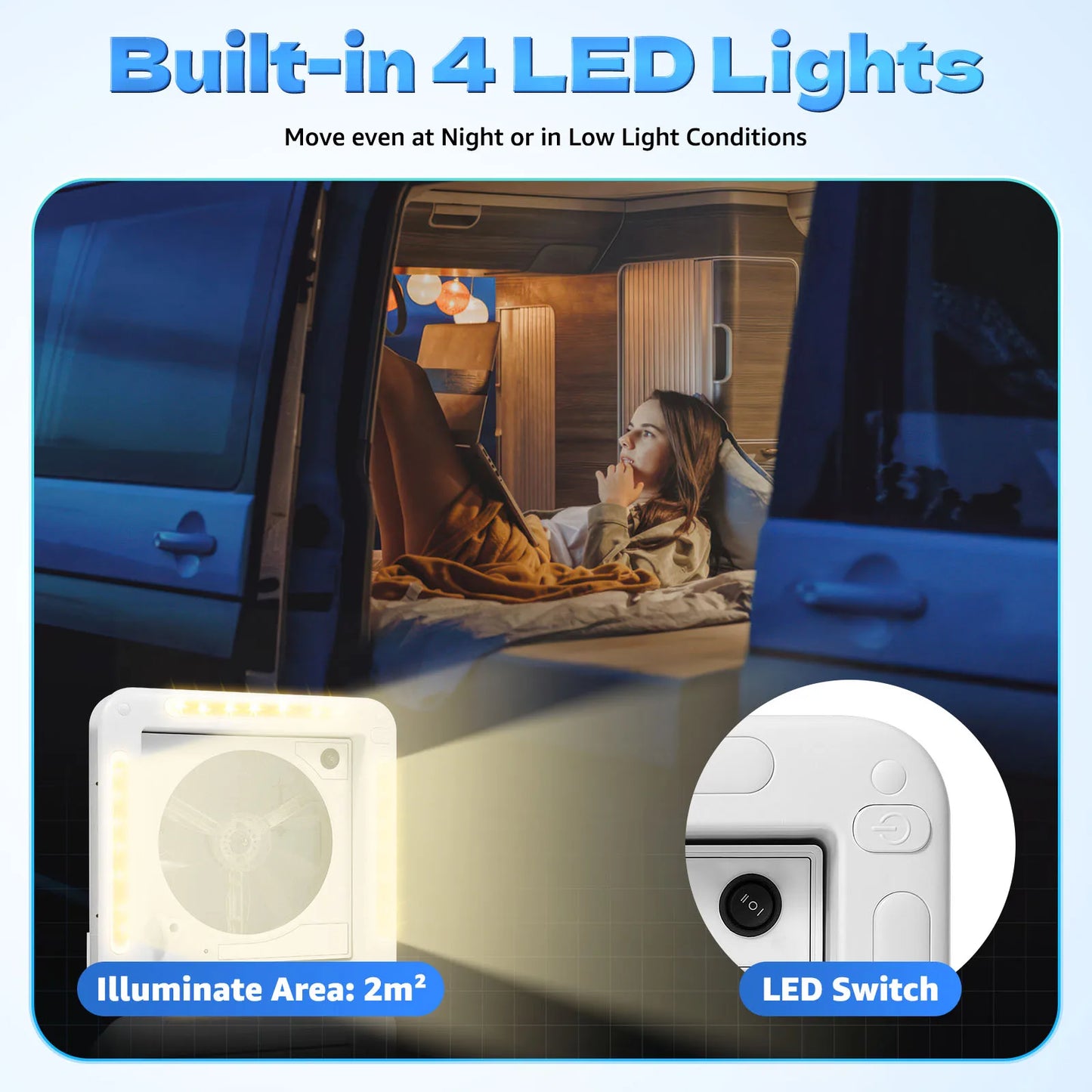 Caravan RV Ventilation Fan With LED Light Camper 12V Vehicle Electric RV Vents Fan IP68 Roof Skylight For Motorhomes