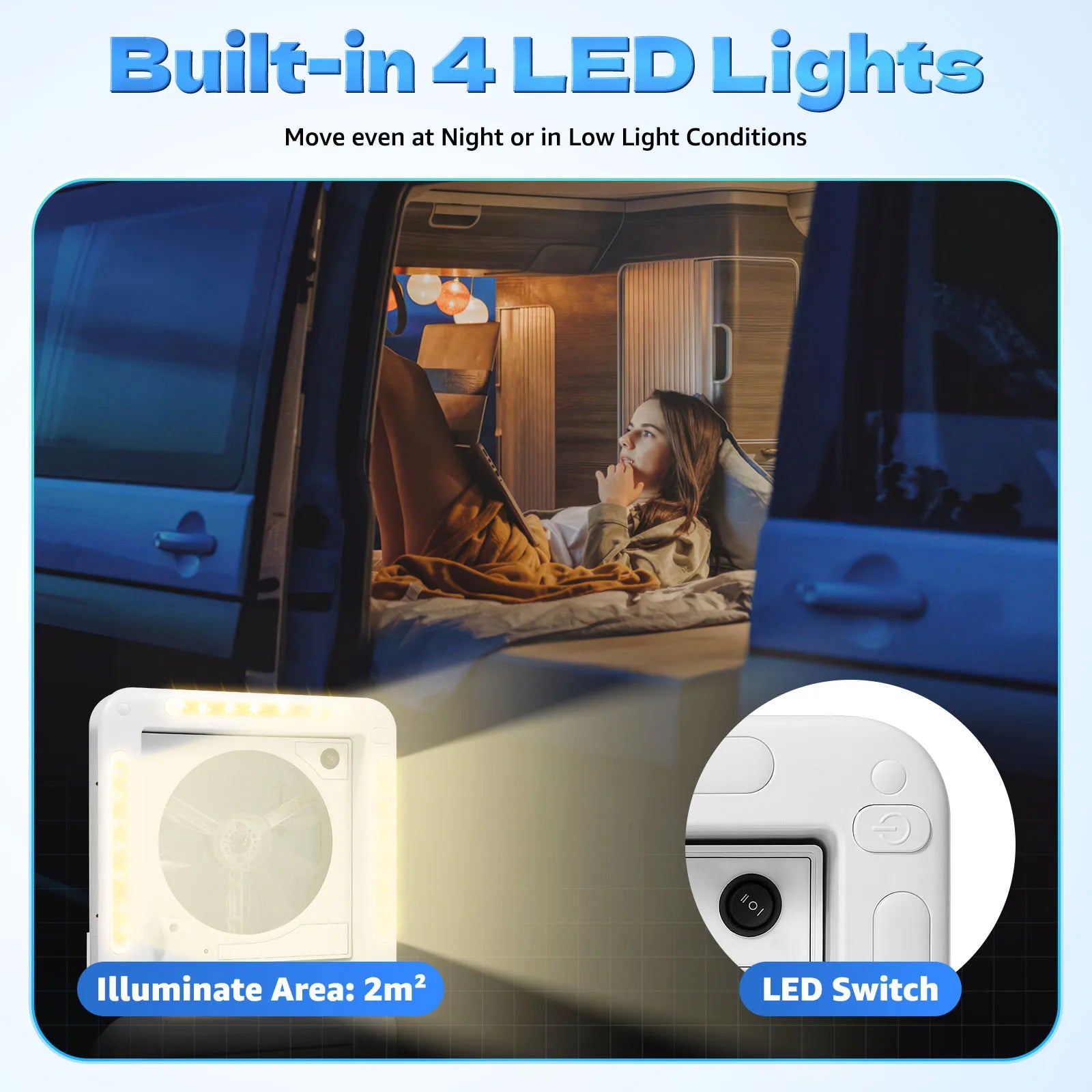 Caravan RV Ventilation Fan With LED Light Camper 12V Vehicle Electric RV Vents Fan IP68 Roof Skylight For Motorhomes