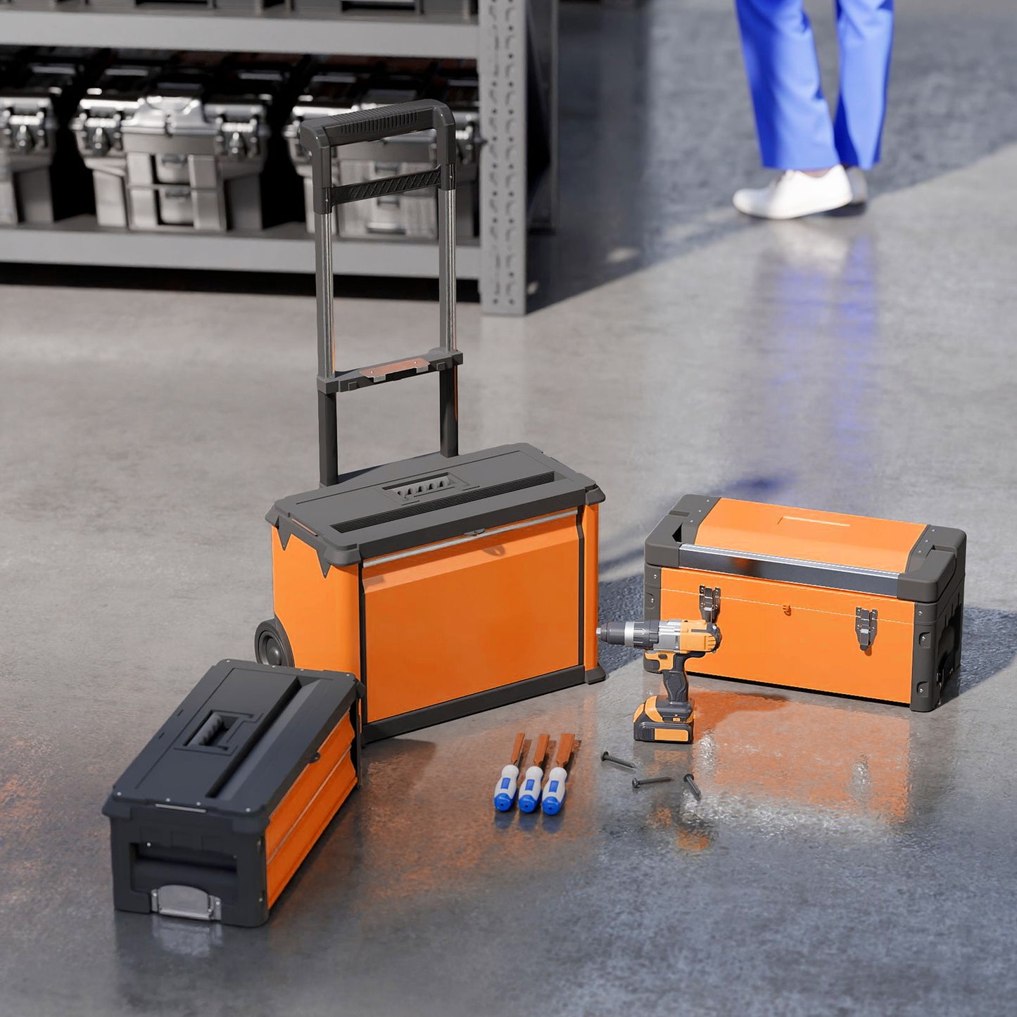 3-in-1 Stackable Three Tier Rolling Tool Storage Box On Wheels - Orange