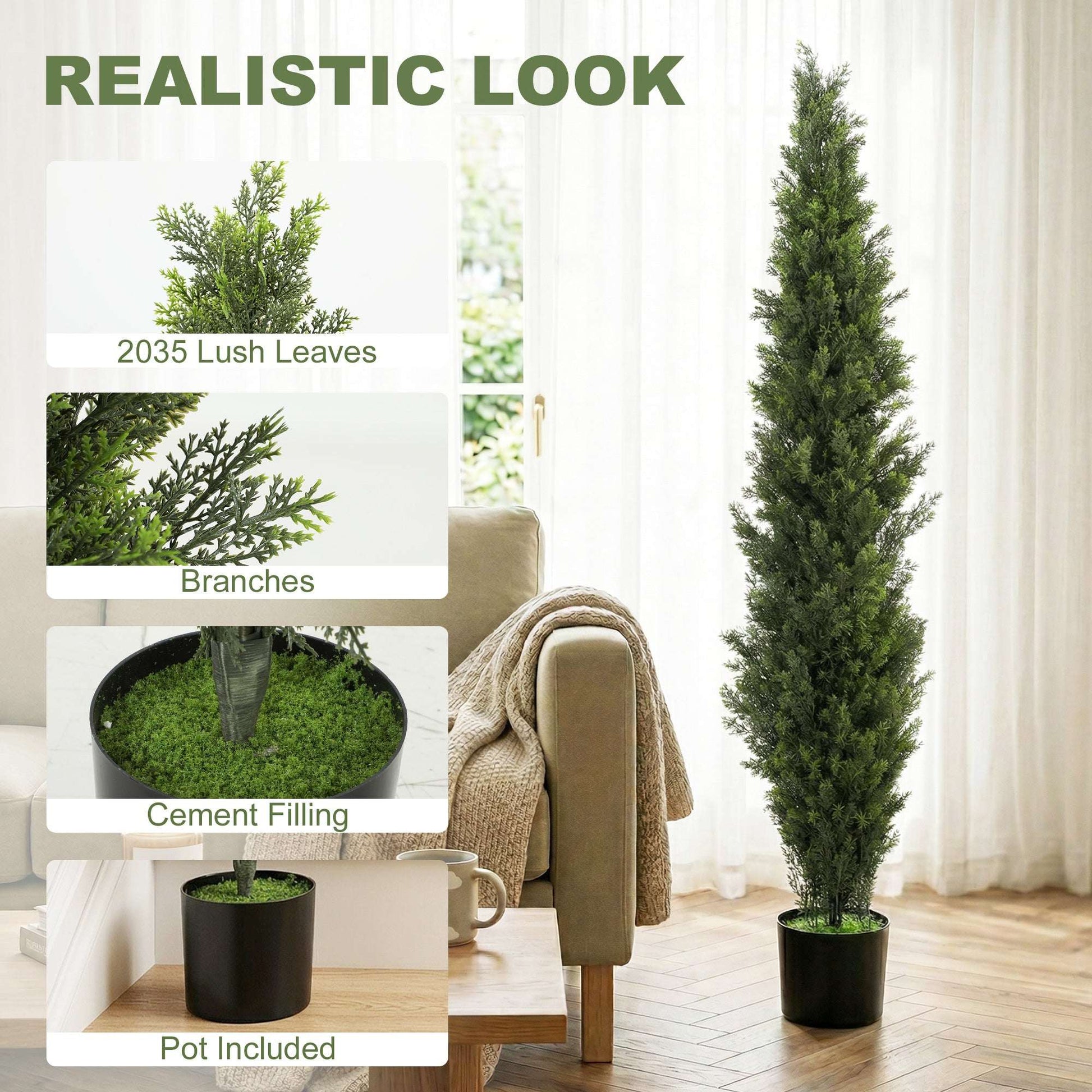 Set of 2 Artificial Cypress Trees | 150cm | 2035 PE Leaves | Shapeable Branches | Cement Base | No Maintenance | Green