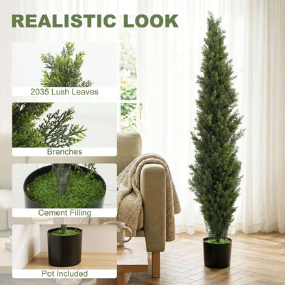Set of 2 Artificial Cypress Trees | 150cm | 2035 PE Leaves | Shapeable Branches | Cement Base | No Maintenance | Green