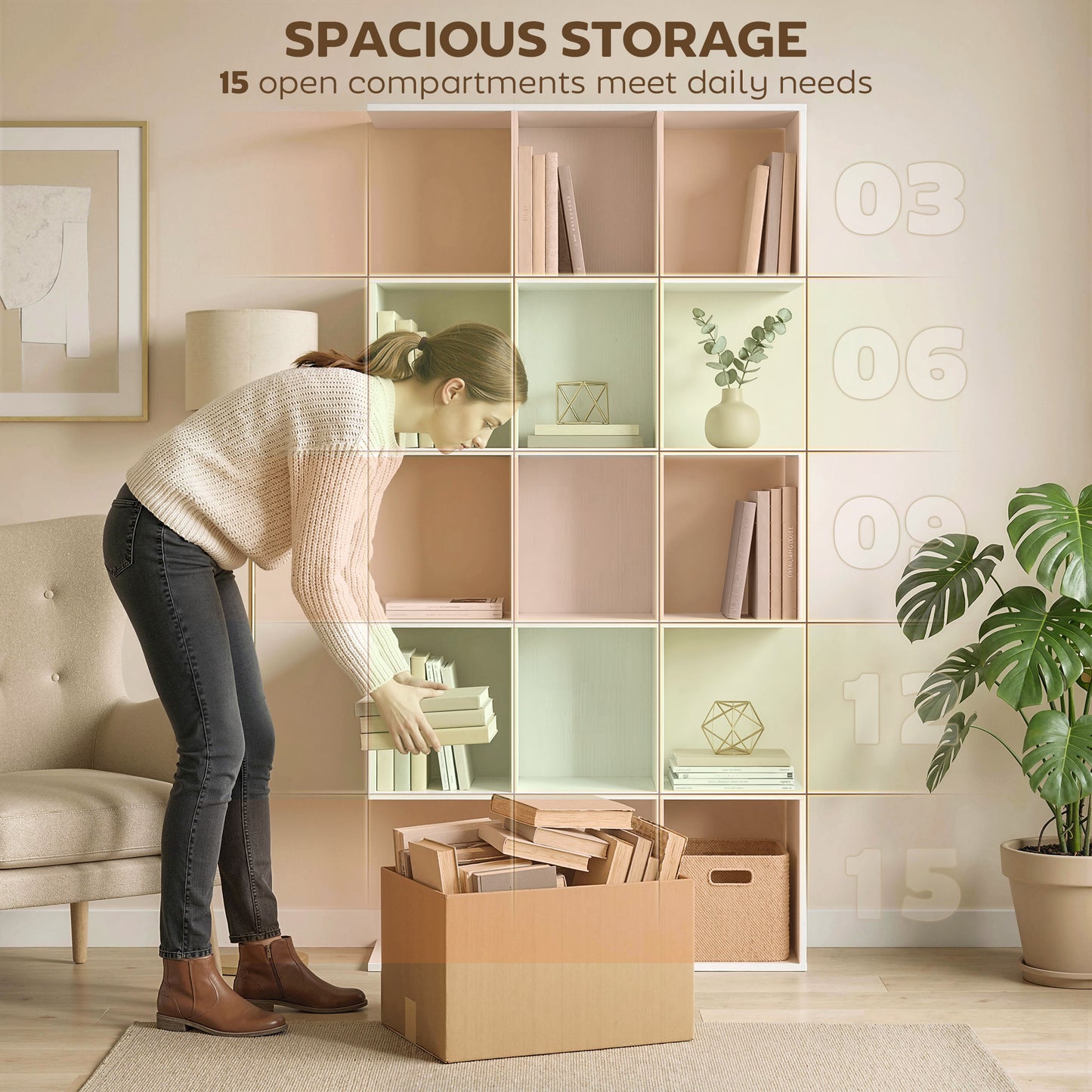 5-Tier S-Shaped Bookcase | 15 Compartments | White Wood Effect