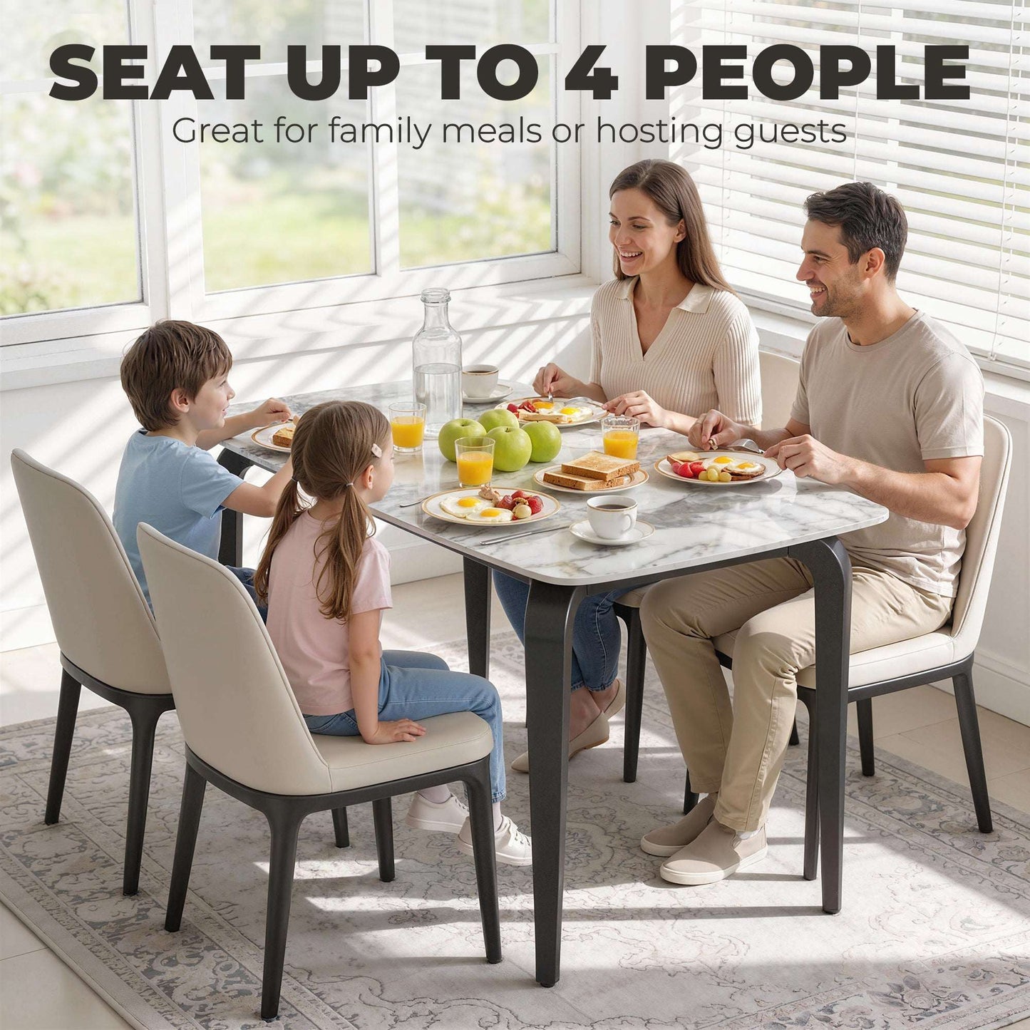 Sintered Stone Dining Table | 4 Seater | 130x70x75cm | Heat & Scratch Resistant | Stain-Resistant | Metal Legs | Adjustable Feet | White