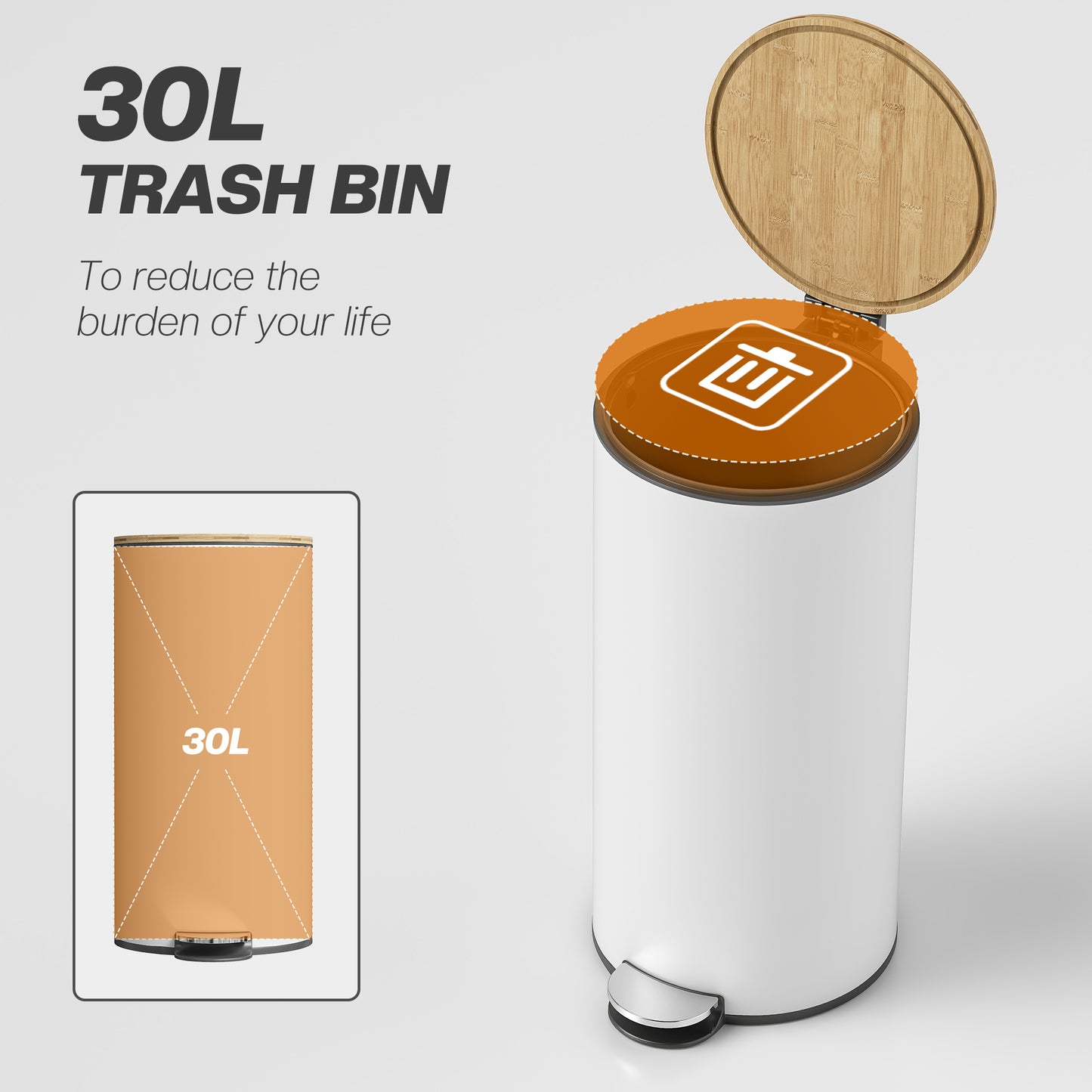 30L Kitchen Pedal Bin | Soft-Close Bamboo Lid | Removable Inner Bucket | Lid Stay-Open | Fingerprint-Proof | Metal & PP | Fully Assembled | 36x30x60.5cm | White & Natural