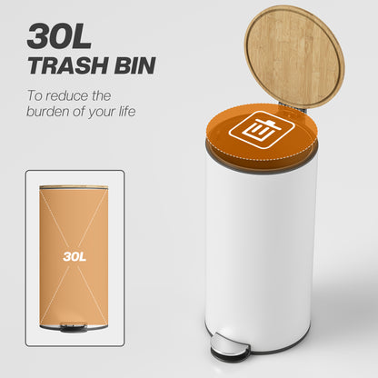 30L Kitchen Pedal Bin | Soft-Close Bamboo Lid | Removable Inner Bucket | Lid Stay-Open | Fingerprint-Proof | Metal & PP | Fully Assembled | 36x30x60.5cm | White & Natural