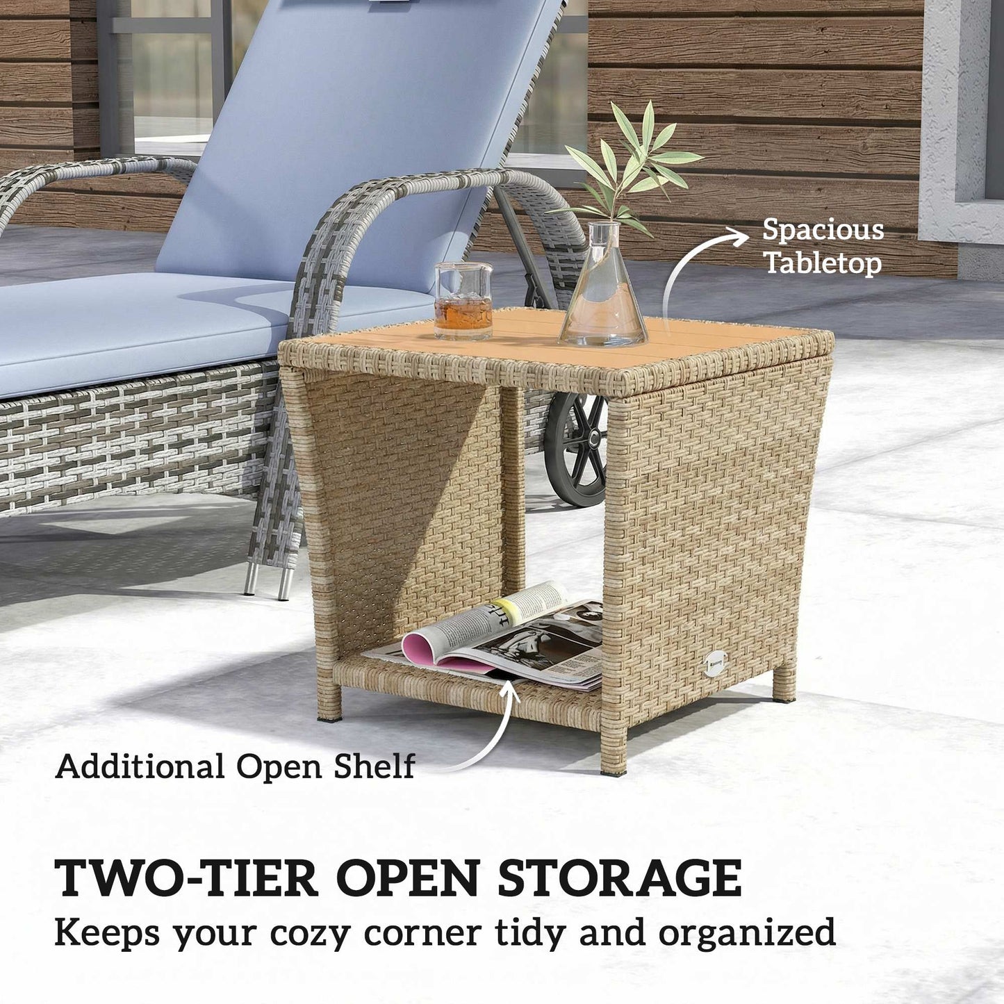 2-Tier Outdoor Rattan Side Table | PS Wood-Plastic Slat Top | PE Wicker | Powder-Coated Frame | UV-Resistant | 50kg | 45x45x43cm | Khaki
