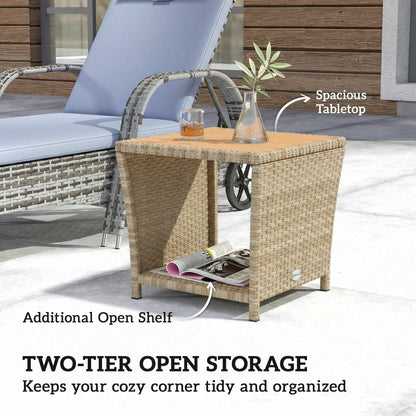2-Tier Outdoor Rattan Side Table | PS Wood-Plastic Slat Top | PE Wicker | Powder-Coated Frame | UV-Resistant | 50kg | 45x45x43cm | Khaki
