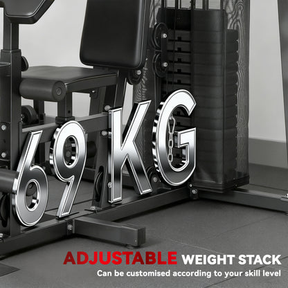 All-in-One Home Gym Machine | Power Cage with 69 kg Weight Stack, Lat Pulldown, Chest Press, Leg Press & Pull-Up Station | 120 kg Capacity | Black