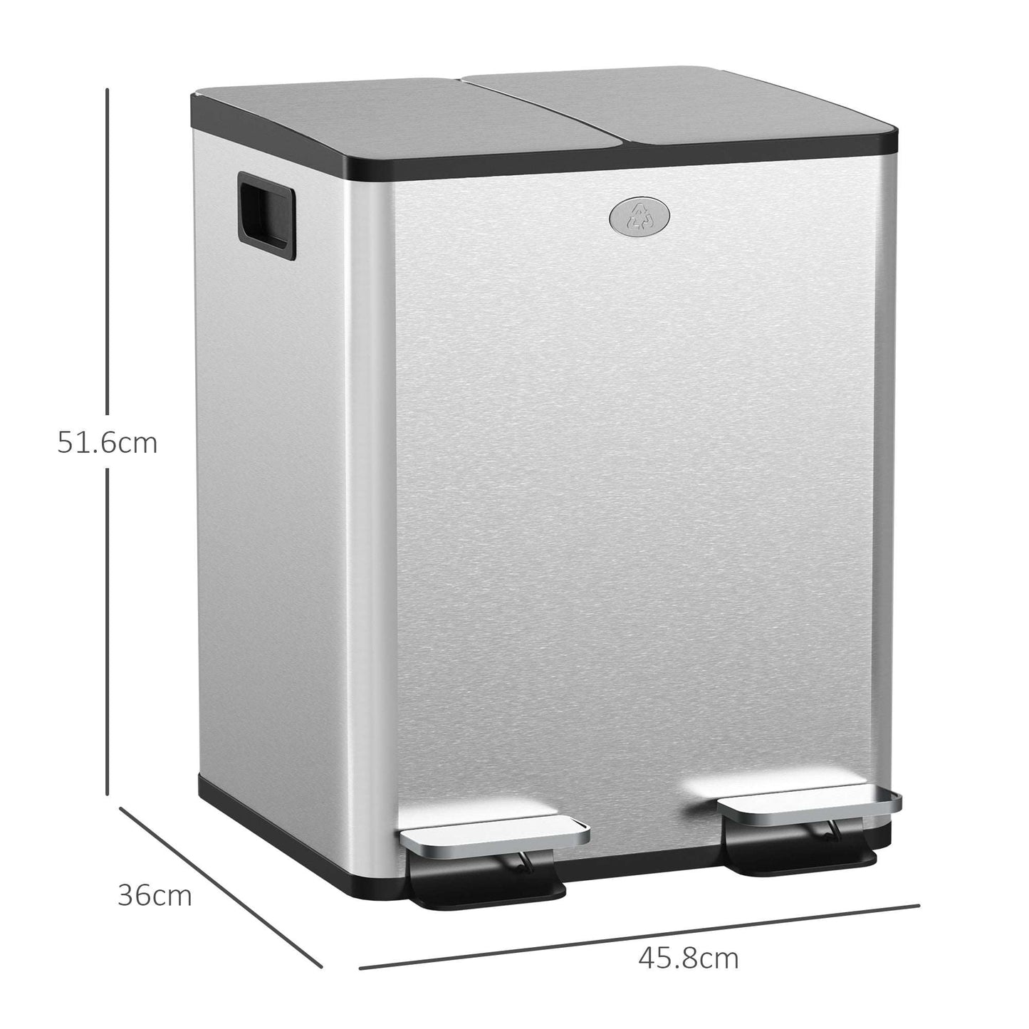 2 x 20L Pedal Bin, Steel Dual Kitchen Bin with Soft Close Lid, Removable Inner Buckets, Fingerprint-Proof, Silver