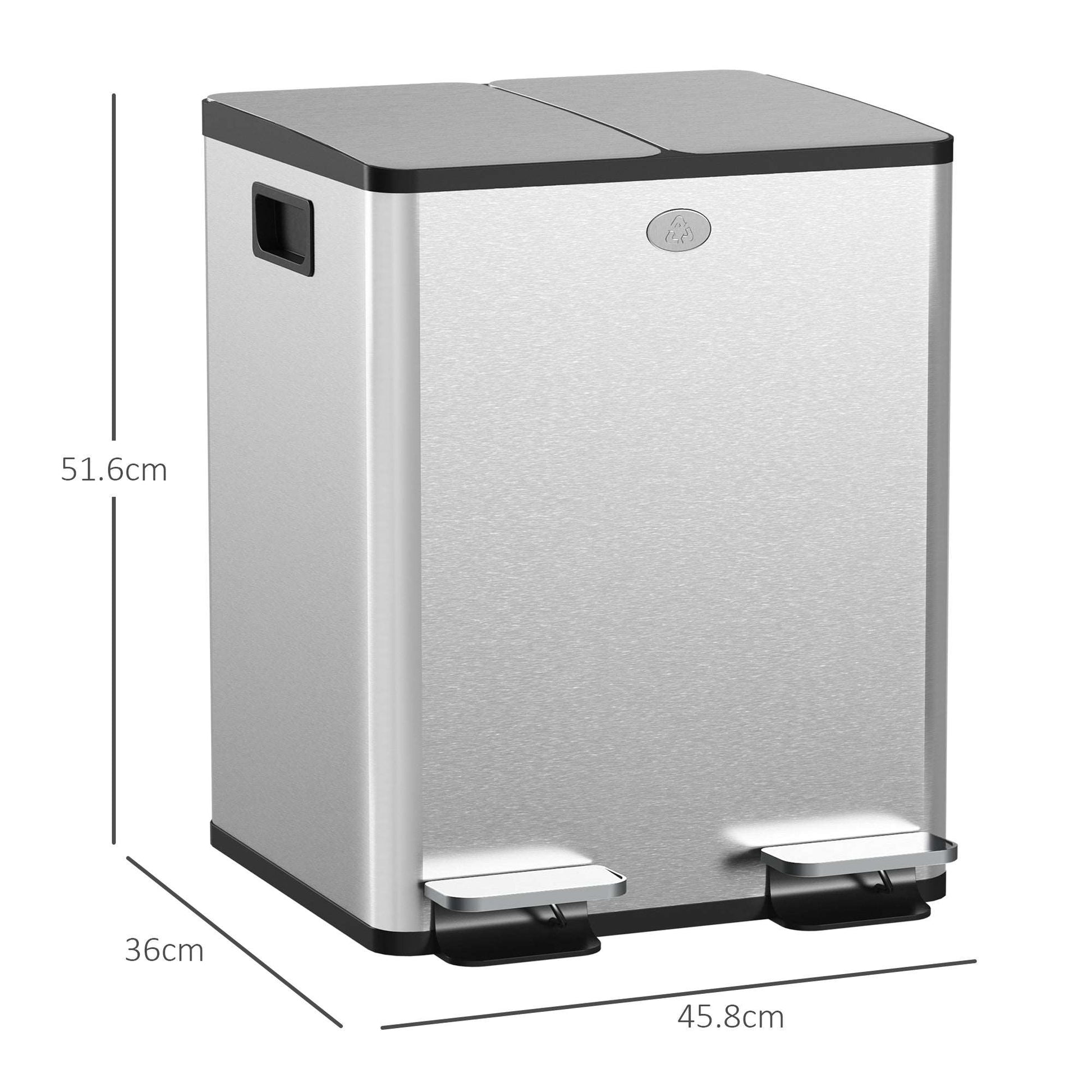 2 x 20L Pedal Bin, Steel Dual Kitchen Bin with Soft Close Lid, Removable Inner Buckets, Fingerprint-Proof, Silver