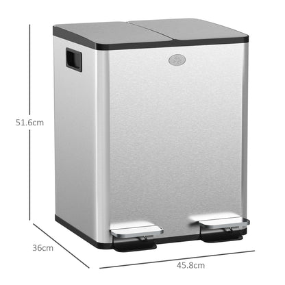 2 x 20L Pedal Bin, Steel Dual Kitchen Bin with Soft Close Lid, Removable Inner Buckets, Fingerprint-Proof, Silver
