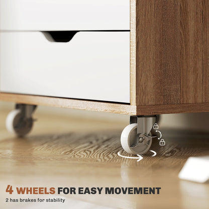 5 Drawer Mobile Filing Cabinet on Wheels | Brakes | 47.5x39.5x67.5cm | Groove Handles | Flat Top | Anti-Tip Strap | 25kg | Oak Brown