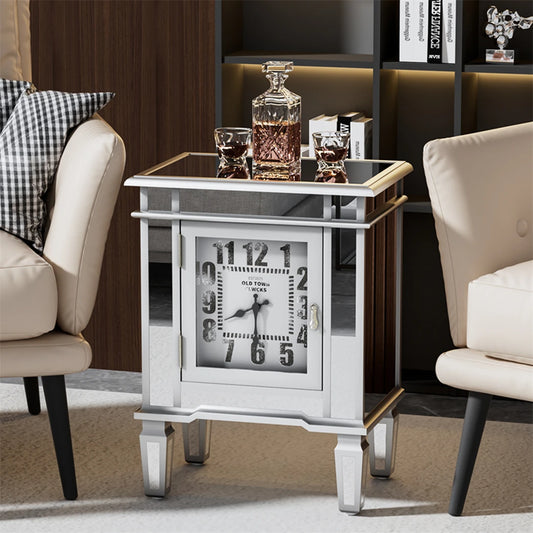 Silver Mirrored Glass Bedside Nightstand Side Table Cabinet With Quartz Clock And Storage Cabinet