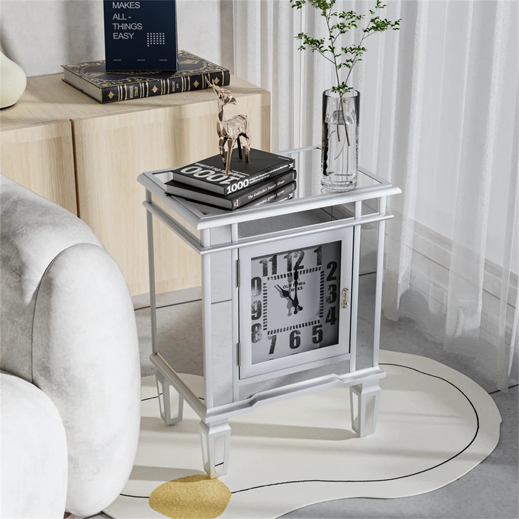 Silver Mirrored Glass Bedside Nightstand Side Table Cabinet With Quartz Clock And Storage Cabinet