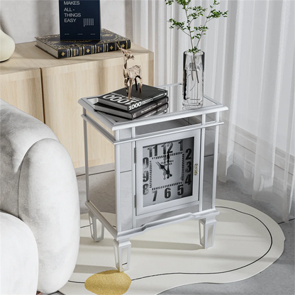 Silver Mirrored Glass Bedside Nightstand Side Table Cabinet With Quartz Clock And Storage Cabinet
