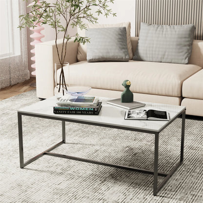Natural Sintered Stone Coffee Table Sofa Centre Table With Black Metal Frame - Rectangular Furniture Decor For Living Room