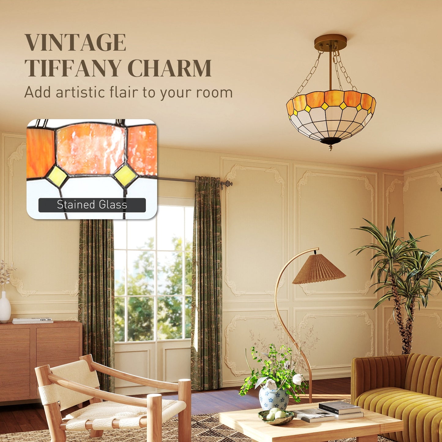 Tiffany Style Ceiling Light, Vintage Chandelier with 3 E27 Sockets, Semi Flush Mount for Living Room, Bulbs Not Included