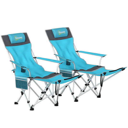 Outsunny Set of 2 Reclining Folding Camping Chairs – Detachable Footrest, Padded Headrest, Cup Holder, 600D Oxford, 120kg, Carry Bag – Blue & Grey