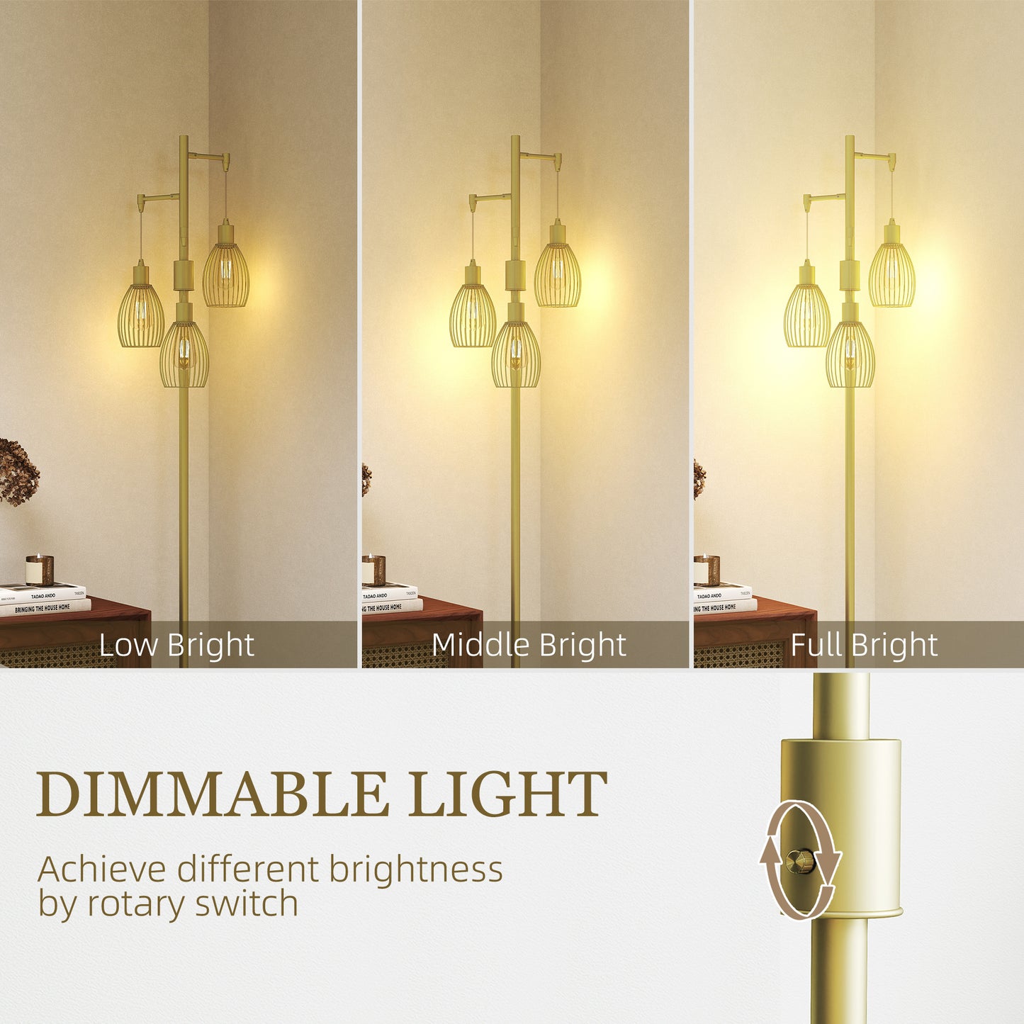 70cm Industrial 3-Light Floor Lamp, Dimmable Standing Lamp with Steel Lampshades for Living Room, Bedroom, Dinging Room, Study, Gold Tone