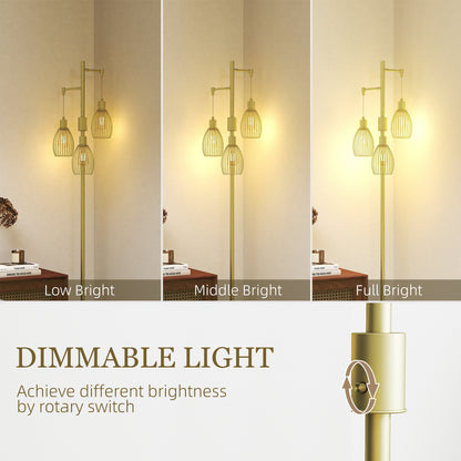 70cm Industrial 3-Light Floor Lamp, Dimmable Standing Lamp with Steel Lampshades for Living Room, Bedroom, Dinging Room, Study, Gold Tone