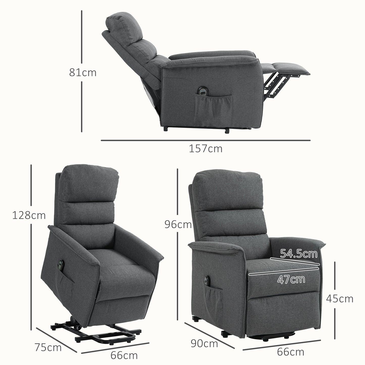 Electric Power Lift Recliner Chair with Spring Pack Seat, Fabric Recliner Armchair for Elderly with Footrest, Remote, Side Pockets, Reclining Chair for Living Room, Dark Grey
