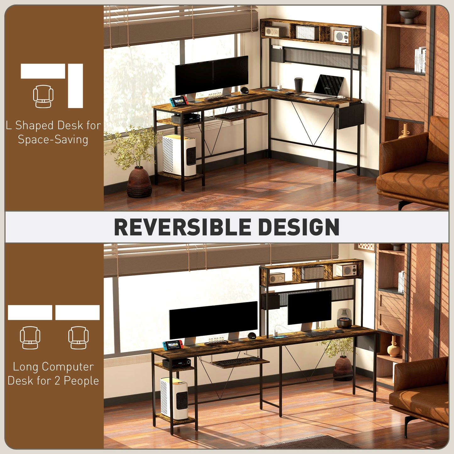 160cm Reversible L Shaped Desk with Power Outlet, Industrial Corner Desk with Storage Shelves and Keyboard Tray, 240cm Long For 2 Person