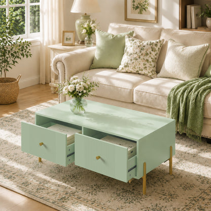 Modern Coffee Table with 2 Drawers | Light Green & Gold Tone | Particleboard Metal Legs | 100x50x43cm | 30kg | Melamine Surface | Metal Slide Runners | Living Room Bedroom