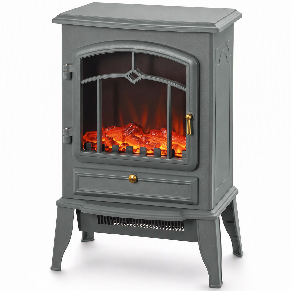 Grey Electric Fireplace Stove | 1000W/2000W Freestanding Heater | Dimmable LED Log Flame | 10–35°C Thermostat | Gold-Tone Handle