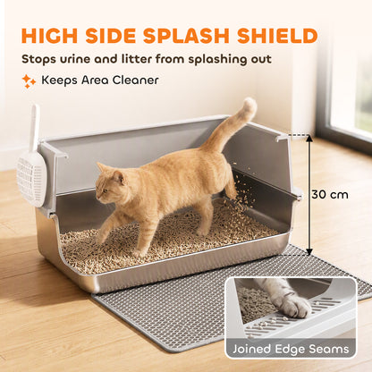 XL Cat Litter Tray | 201 Stainless Steel Pan | Semi-Enclosed PP Lid | High Sides & Sealed Seams | 30L | Cats up to 8kg | 60x40cm Litter Mat | Scoop Brush & Hook | 60x40x30cm | Inner 56x36x15cm | Light Grey
